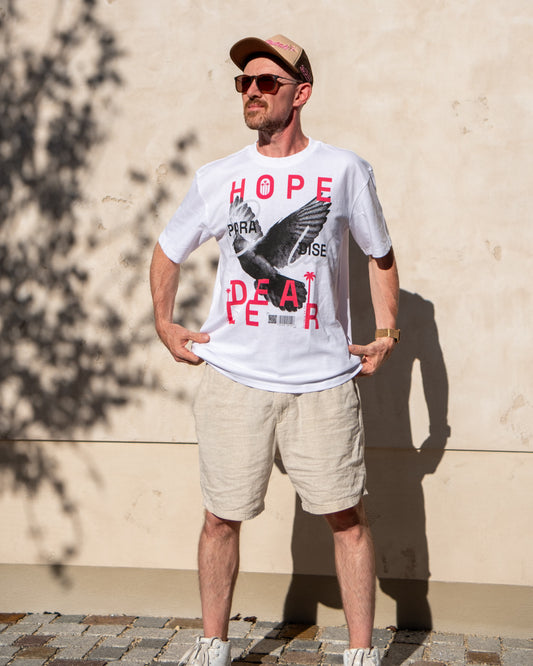 HOPE DEALER Oversized Tee aus Bio-Baumwolle - White & Mauve Frontprint